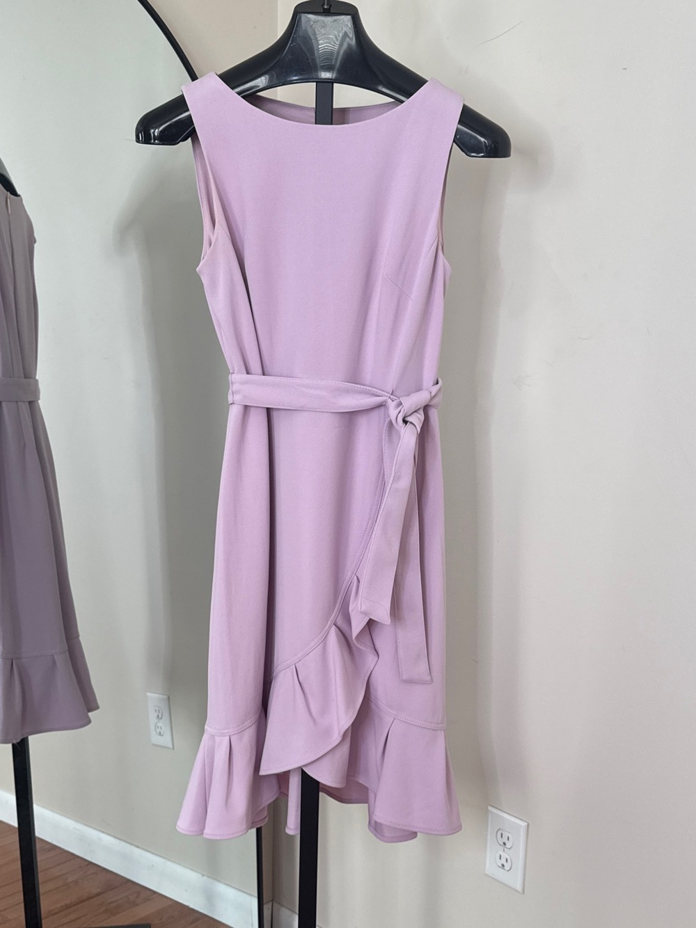 Calvin Klein Women Lavender Wrap Ruffle Tulip Hem Scuba Crepe Dress Size 10